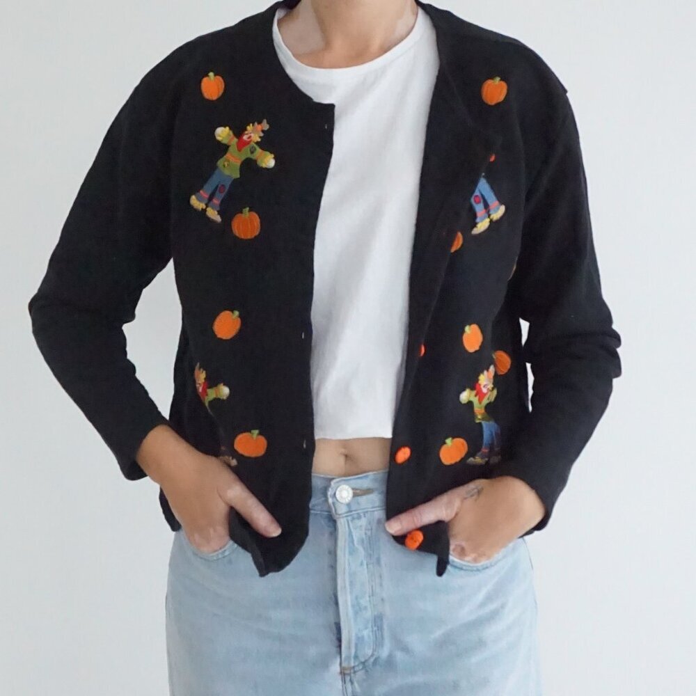 Vintage BellePointe Black Pumpkin Scarecrow Cotton Halloween Holiday Cardigan L